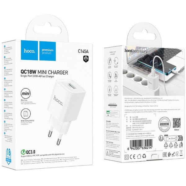 Фото - Мережевий зарядний пристрій HOCO C145A Charm single port QC3.0 charger (EU) White (6942007630214)