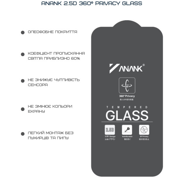 Фото - Захисне скло для смартфону Anank 2.5D 360° Privacy Glass for iPhone 16 Pro (2003108)
