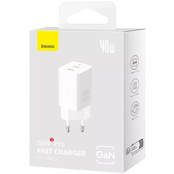 Фото - Мережевий зарядний пристрій Baseus GaN5 Pro Fast Charger C+C 40W EU White (CCGP180102)