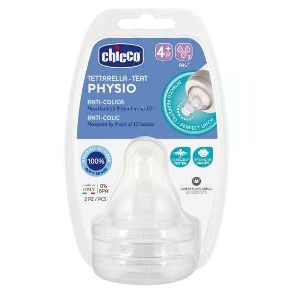 Фото - Великий потік соска дитяча силіконова Chicco Physio 4м+ 2 шт. (20335.00)