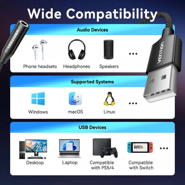 Фото - Звуковая карта Vention USB 2в1 AUX jack TRRS Ear 0.25 м (CVEBC)