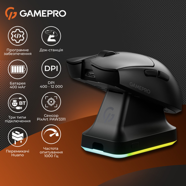 Фото - Миша бездротова ігрова GamePro Genesis Wizard Wireless/Bluetooth/USB PixArt PAW3311 Sensor Black (GM160B)