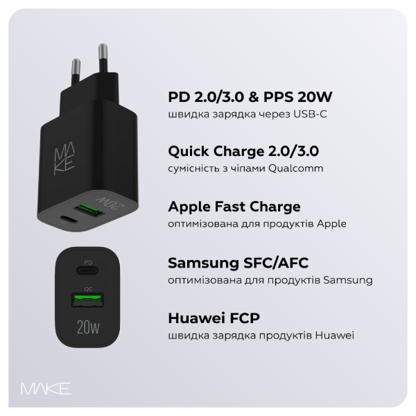 Фото - Сетевое зарядное устройство MAKE 20W PD + QC3.0 Black (MCW-2021BK)
