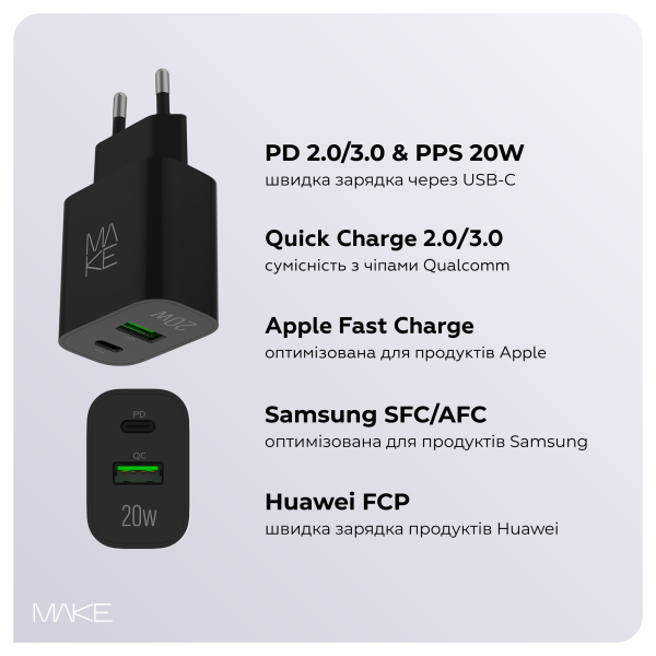 Фото - Мережевий зарядний пристрій MAKE 20W PD + QC3.0 Black (MCW-2021BK)