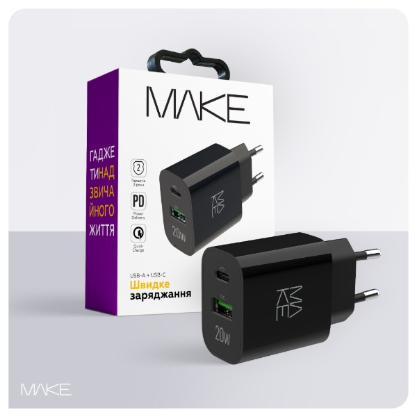 Фото - Сетевое зарядное устройство MAKE 20W PD + QC3.0 Black (MCW-2021BK)