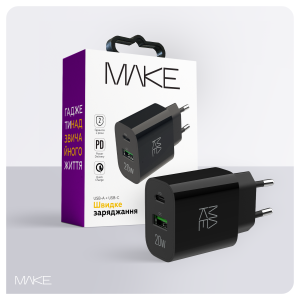 Фото - Мережевий зарядний пристрій MAKE 20W PD + QC3.0 Black (MCW-2021BK)