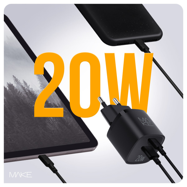 Фото - Сетевое зарядное устройство MAKE 20W GaN PD + QC3.0 Black (MCW-2022GBK)
