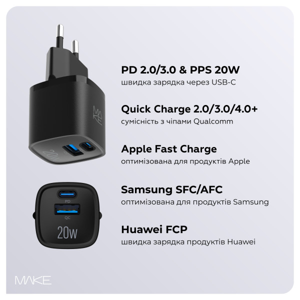 Фото - Сетевое зарядное устройство MAKE 20W GaN PD + QC3.0 Black (MCW-2022GBK)