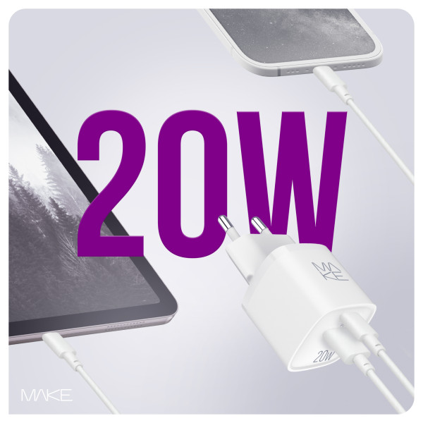 Фото - Сетевое зарядное устройство MAKE 20W GaN PD + QC3.0 White (MCW-2022GWH)