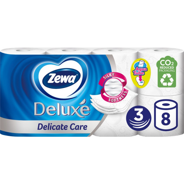 Фото - Туалетная бумага Zewa Deluxe Delicate Care 8 рулонов 3 слоя Белая (7322541171739)