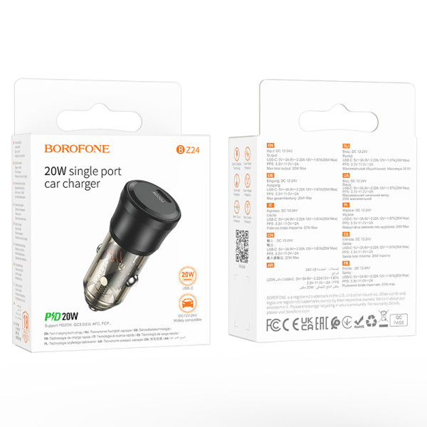 Фото - Автомобільний зарядний пристрій BOROFONE BZ24 Clever single port PD20W car charger Transparent Black (6941991106934)