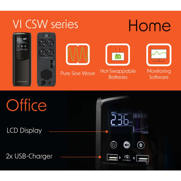 Фото - Джерело безперебійного живлення PowerWalker VI 1000 CSW (10121112)