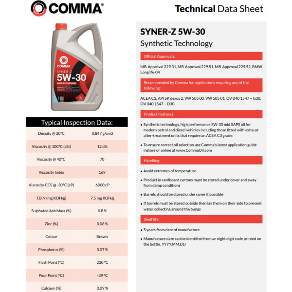 Фото - Олива для авто COMMA SYNER-Z 5W-30 4л (SYZ4L)
