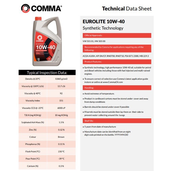 Фото - Олива для авто COMMA EUROLITE 10W-40 20л (EUL20L)