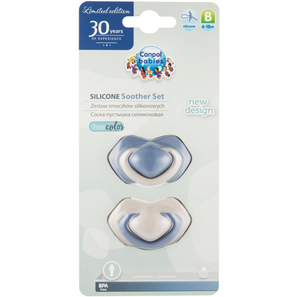 Фото - Симетрична пустушка Canpol babies силіконова 6-18 2 шт. PURE COLOR синя (22/645_blu)