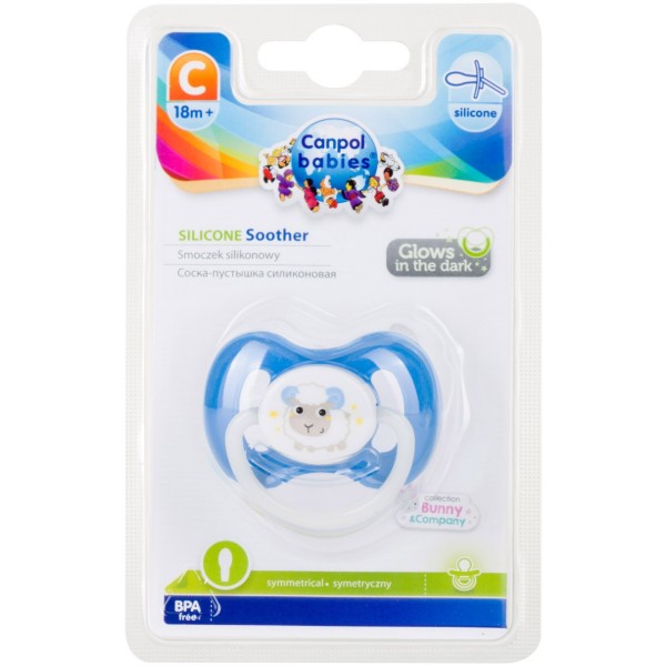 Фото - Симметричная пустышка Canpol babies Bunny & Company силиконовая 18+ мес. синяя, 1 шт. (23/270_blu)