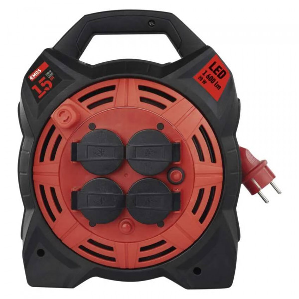 Фото - Подовжувач 220В EMOS на котушці P08215, 4 розетки, 15 м. з вбудованим led прожектором, гума/неопрен