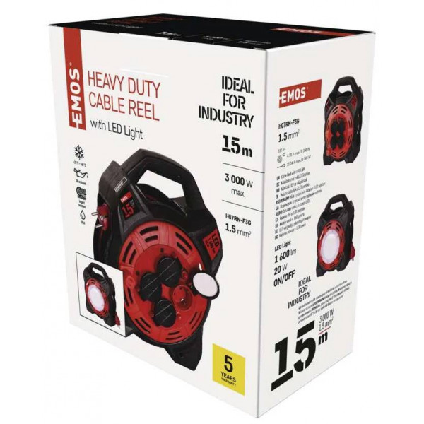 Фото - Подовжувач 220В EMOS на котушці P08215, 4 розетки, 15 м. з вбудованим led прожектором, гума/неопрен