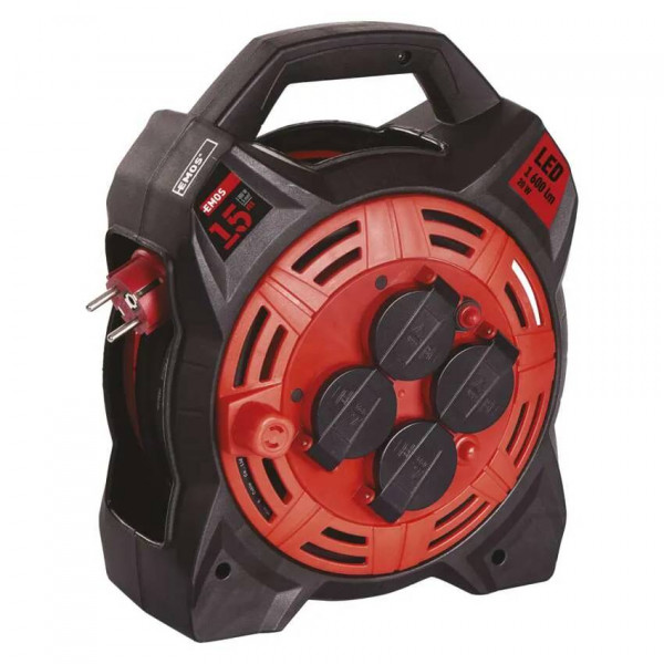 Фото - Подовжувач 220В EMOS на котушці P08215, 4 розетки, 15 м. з вбудованим led прожектором, гума/неопрен