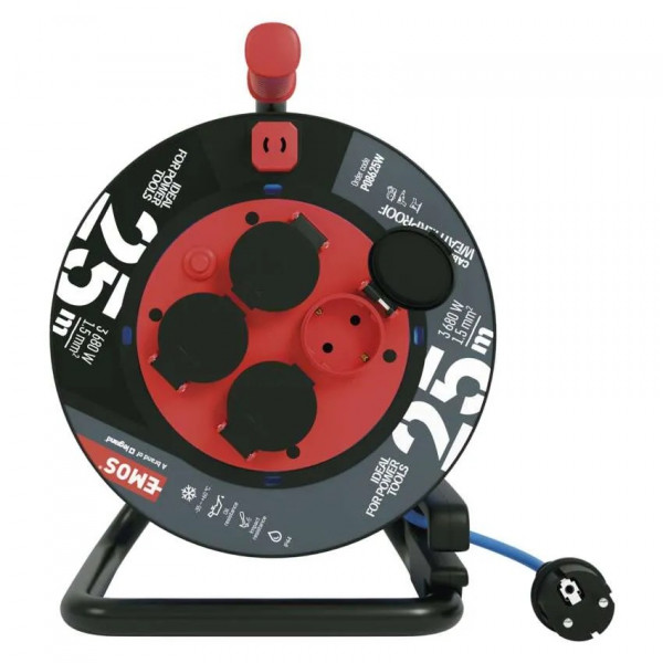 Фото - Подовжувач 220В EMOS на котушці P08625W, 4 розетки, 25 м,1,5 мм2, IP44, силікон