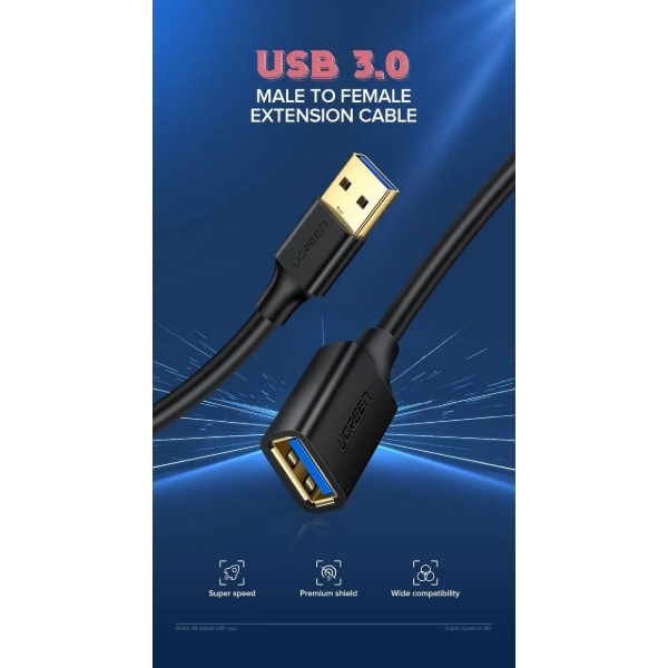 Фото - Кабель USB Type-A - USB Type-A UGREEN US129 USB 3.0 AM-AF 2 m Connector gold-plated Extension Cable Black (10373)