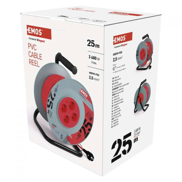 Фото - Подовжувач 220В EMOS на котушці EMOS P09225M 4 розетки, 25 м, гума