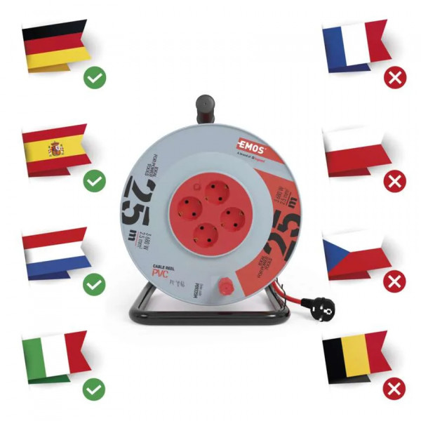 Фото - Подовжувач 220В EMOS на котушці EMOS P09225M 4 розетки, 25 м, гума