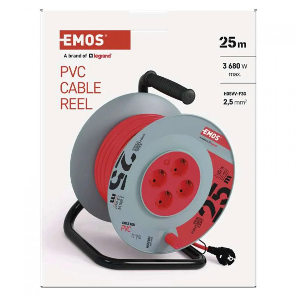 Фото - Подовжувач 220В EMOS на котушці EMOS P09225M 4 розетки, 25 м, гума