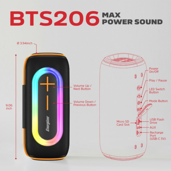 Фото - Портативна акустика Energizer 20Вт Bluetooth Black (BTS206)