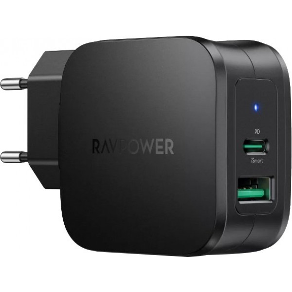 Фото - Сетевое зарядное устройство RavPower Charger 30W PD USB-C+USB-A Black (RP-PC144)