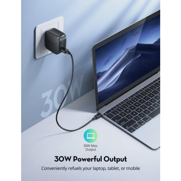 Фото - Сетевое зарядное устройство RavPower Charger 30W PD USB-C+USB-A Black (RP-PC144)