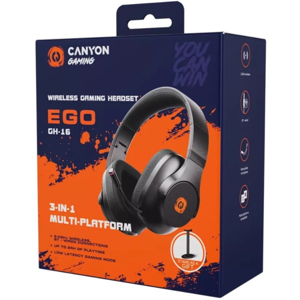 Фото - Наушники полноразмерные беспроводные Canyon EGO GH-16 3in1 2.4Ghz+BT Black (CND-SGHS16B)