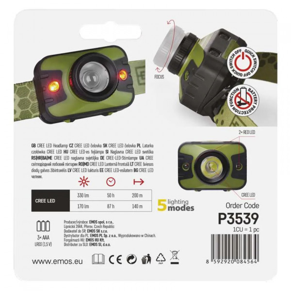 Фото - Фонарь EMOS LED P3539 3W 330Lm 3xAAА, налоб.пласт.