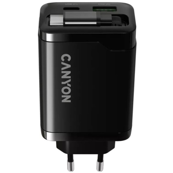 Фото - Сетевое зарядное устройство Canyon OnCharge 65RC Build-In Cable USB-C 65W 1xPD 1xQC Black (CNS-CURC65ACB)