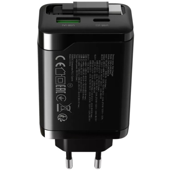 Фото - Сетевое зарядное устройство Canyon OnCharge 65RC Build-In Cable USB-C 65W 1xPD 1xQC Black (CNS-CURC65ACB)