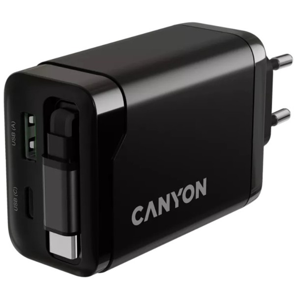 Фото - Сетевое зарядное устройство Canyon OnCharge 65RC Build-In Cable USB-C 65W 1xPD 1xQC Black (CNS-CURC65ACB)