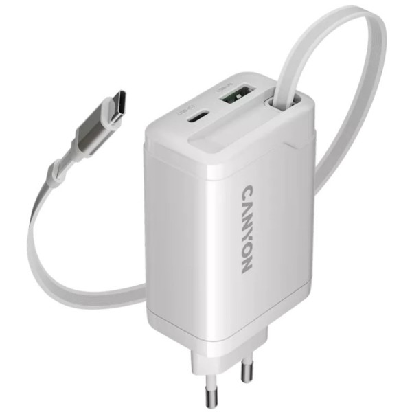 Фото - Сетевое зарядное устройство Canyon OnCharge 65RC Build-In Cable USB-C 65W 1xPD 1xQC White (CNS-CURC65ACB)