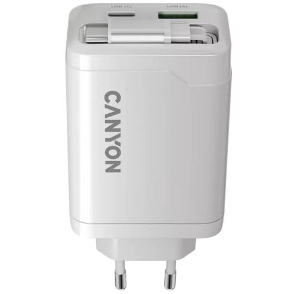 Фото - Сетевое зарядное устройство Canyon OnCharge 65RC Build-In Cable USB-C 65W 1xPD 1xQC White (CNS-CURC65ACB)
