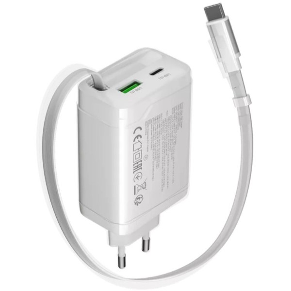 Фото - Сетевое зарядное устройство Canyon OnCharge 65RC Build-In Cable USB-C 65W 1xPD 1xQC White (CNS-CURC65ACB)