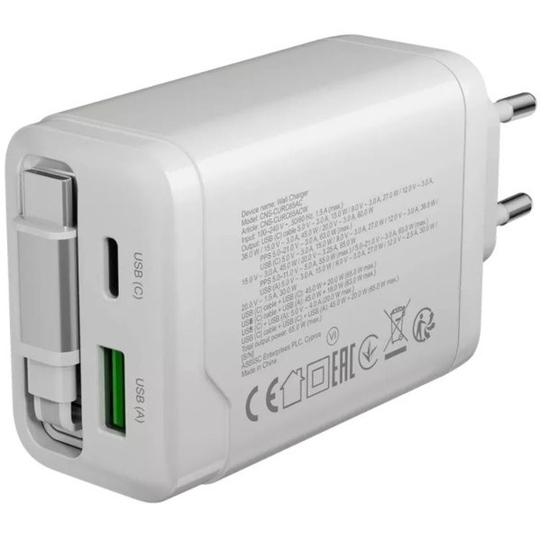 Фото - Сетевое зарядное устройство Canyon OnCharge 65RC Build-In Cable USB-C 65W 1xPD 1xQC White (CNS-CURC65ACB)