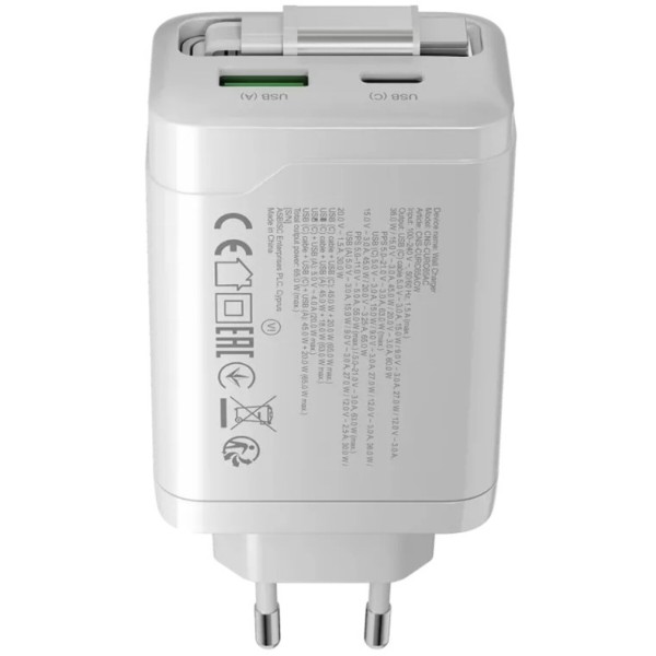 Фото - Сетевое зарядное устройство Canyon OnCharge 65RC Build-In Cable USB-C 65W 1xPD 1xQC White (CNS-CURC65ACB)