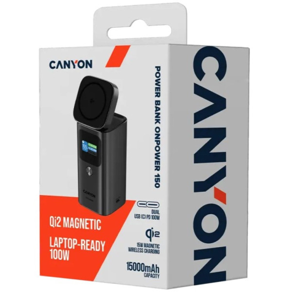Фото - Батарея мобільна Canyon OnPower 150 Qi2 magnetic 15000mAh 100W Aluminium Dark Grey (CNS-CPB150DG)
