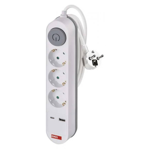 Фото - Подовжувач 220В EMOS P1322PD, 3 розетки, 2 м.1× USB-A + 1× USB-C