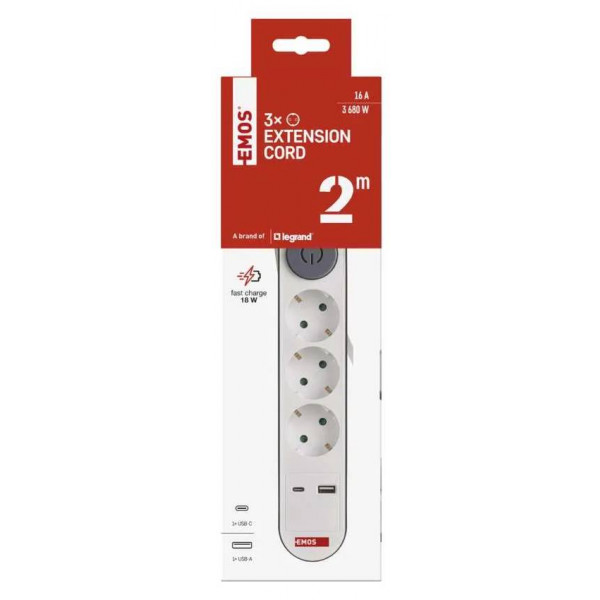 Фото - Подовжувач 220В EMOS P1322PD, 3 розетки, 2 м.1× USB-A + 1× USB-C