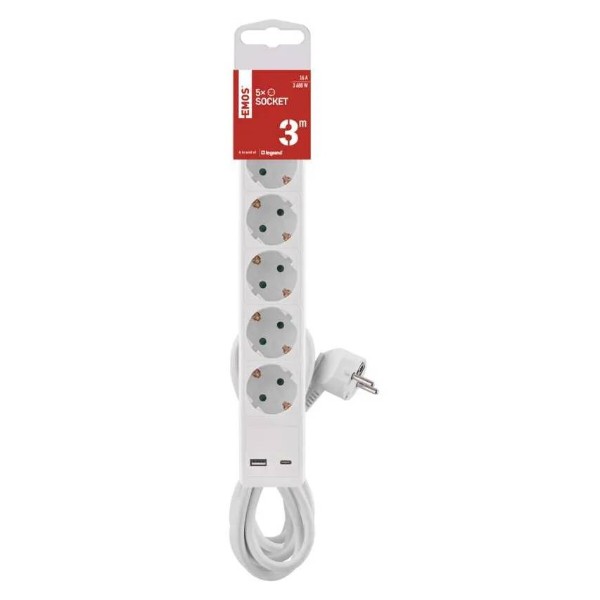 Фото - Подовжувач 220В EMOS P1523CU, 5 розетки, 3 м.1× USB-A + 1× USB-C