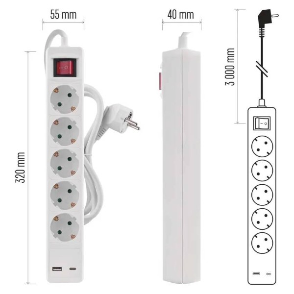Фото - Подовжувач 220В EMOS P1523CU, 5 розетки, 3 м.1× USB-A + 1× USB-C