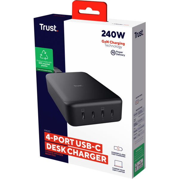 Фото - Мережевий зарядний пристрій Trust Maxo 240Вт, GaN, 4xUSB-C,PD Black (25413)