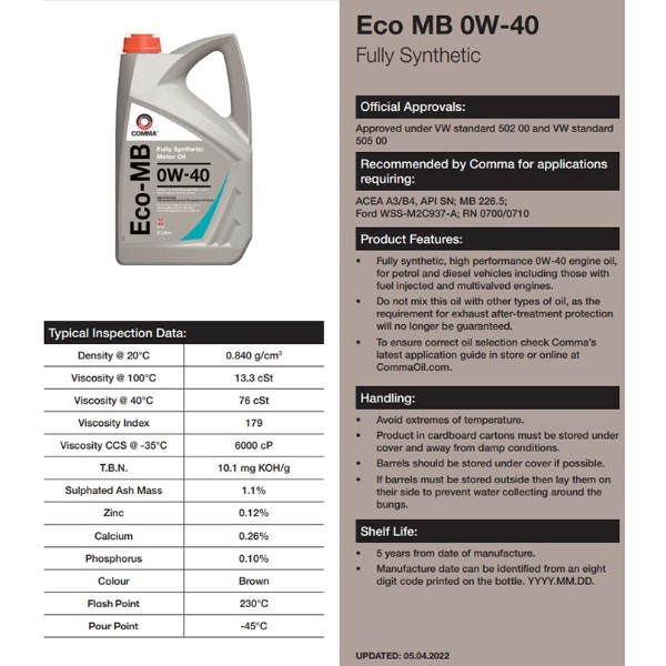 Фото - Масло для авто COMMA ECO-MB 0W-40 5л (ECOMB5L)