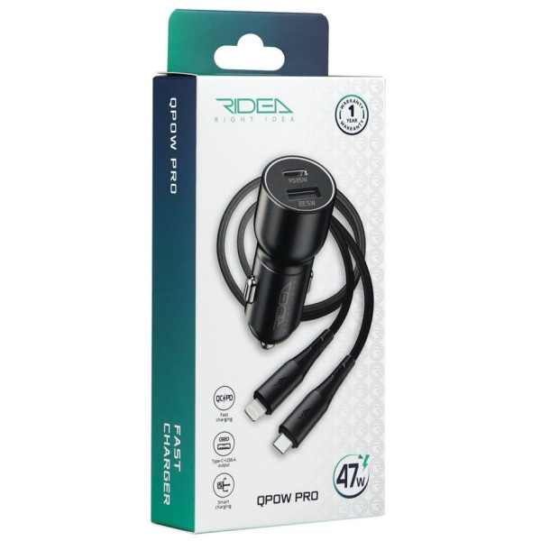 Фото - Автомобільний зарядний пристрій Ridea QPow Pro 1USB/1USB-C PD/QC 47.5W+Type-C to Lightning Black (RCC-47115)