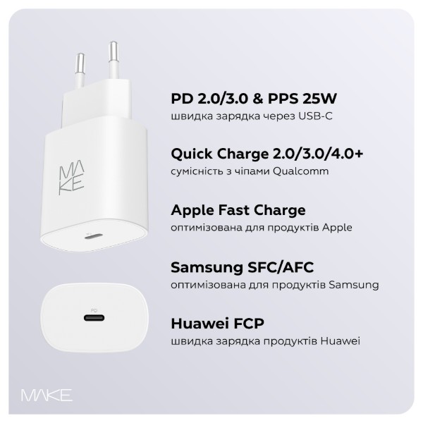 Фото - Мережевий зарядний пристрій MAKE 25W GaN PD White (MCW-2511WH)